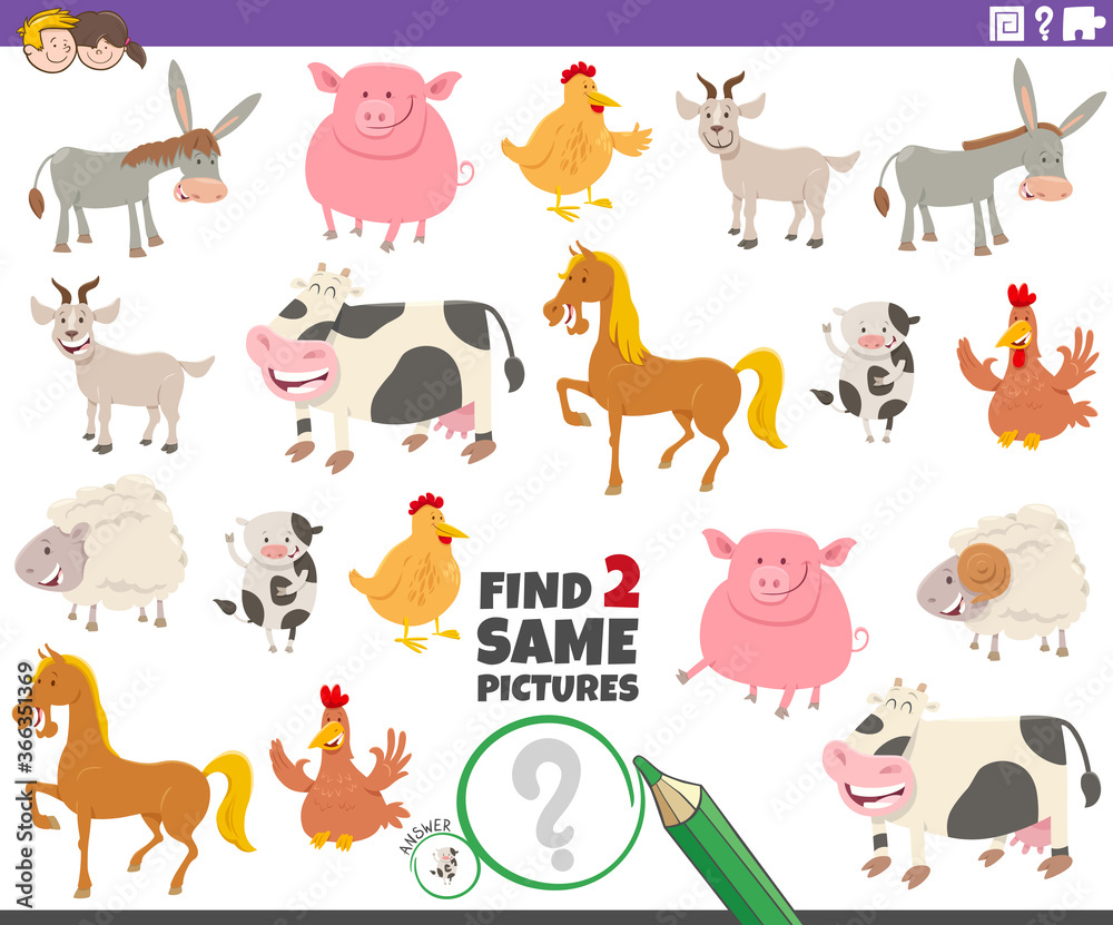 Fototapeta premium find two same farm animals educational game for kids