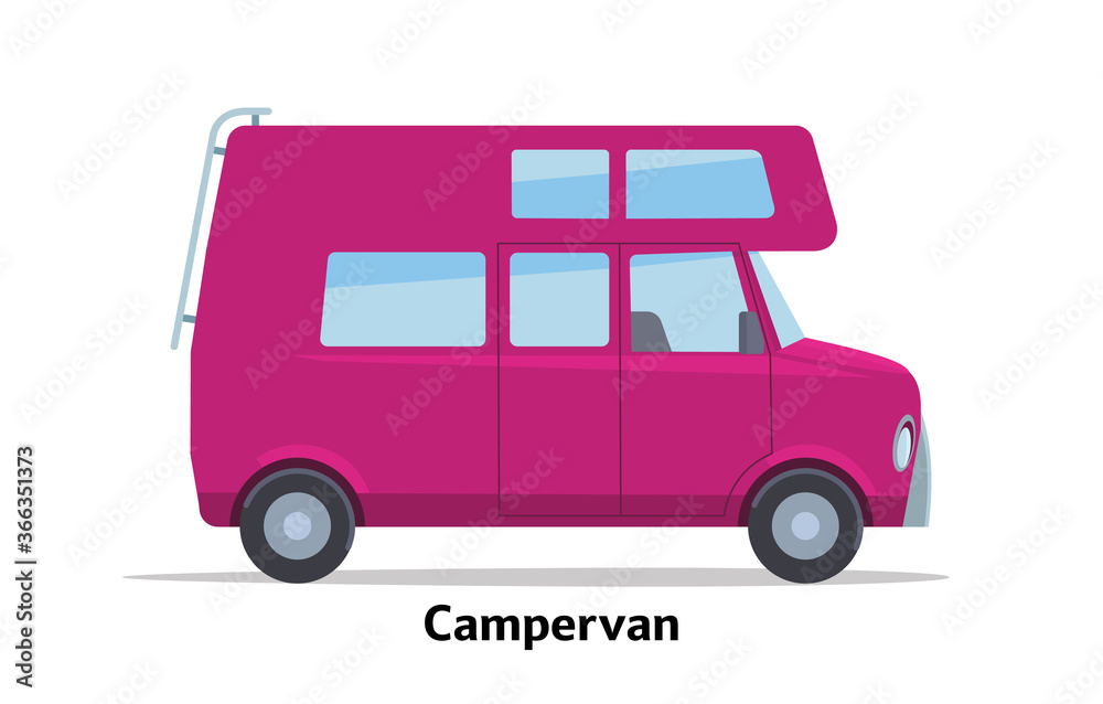 Campervan side view. Vector stock flat illustration. Raspberry cartoon, toy car. Simplified style for design and animation..