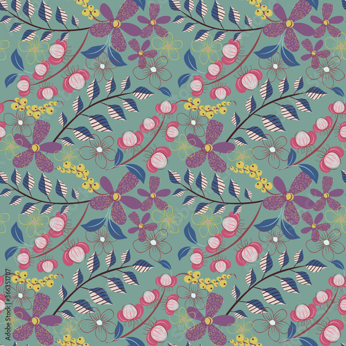 Vector abstract floral seamless pattern. Simple background texture with cute fantasy flowers, leaves, twigs, berries, buds, hand drawn elements. Doodle style illustration. Repeat colorful design 