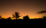 Photographs of a colorful summer sunset with palm trees and mountains in the background