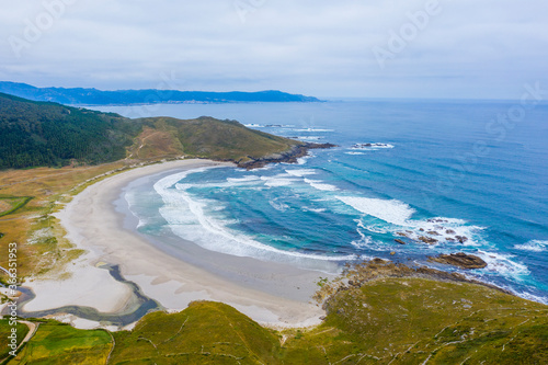 Aerial view of Soesto Beach in Laxe town in Galicia Spain