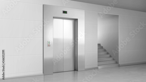 Lift door and stairs in lobby. Elevator with closed metal gates, buttons and stage number panel. Building hall empty interior, realistic 3d vector transportation and ladder in house, office or hotel
