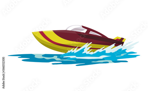 Speed motorboat. Sea or river vehicle. Sport nautical summer transportation. Motorized water vessel on sea water waves. Isolated on white background
