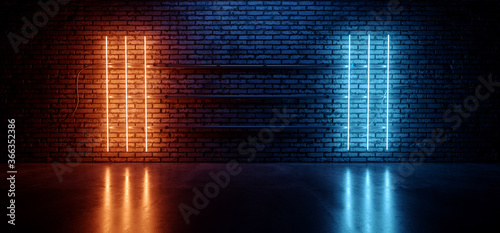 Fototapeta Naklejka Na Ścianę i Meble -  Retro Neon Cyber Laser Fluorescent Blue Orange Tube Lights Glowing On Old Club Night Dance Grunge Brick Wall Cement Concrete Floor Garage Underground Background 3D Rendering