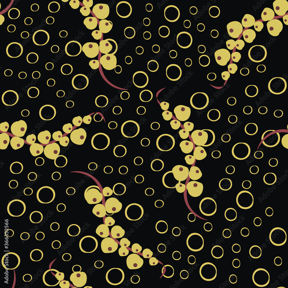 Vector abstract seamless pattern with berries, twigs, circles. Simple floral texture in doodle style. Modern background with hand drawn elements. Black, yellow and brown color. Stylish repeat design