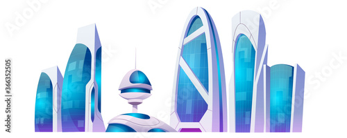 Future city buildings, futuristic skyscrapers isolated on white background. Vector cartoon set of modern office buildings and houses. Science fiction architecture
