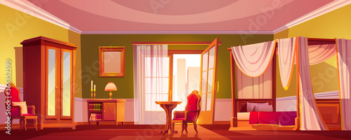 Luxury old bedroom interior at morning or day time. Empty light room with wooden furniture and gold decoration, bed with canopy, armchair, open balcony door, cartoon vector city view with skyscrapers