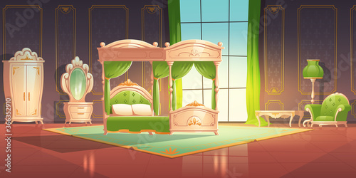 Luxury bedroom interior with furniture in romantic style. Vector cartoon illustration of vintage baroque room with canopy bed, wardrobe, green carpet and mirror on dressing table