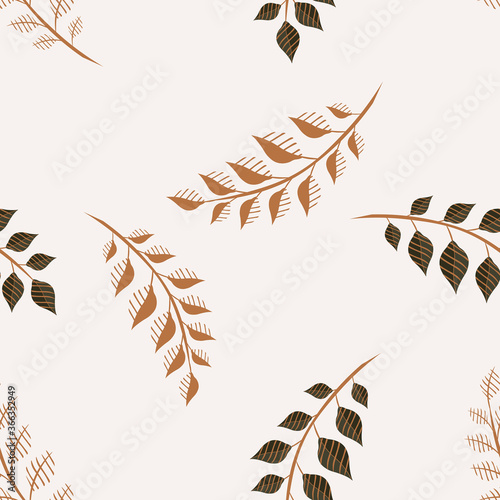 Simple vector seamless pattern with leaves, branches, twigs. Abstract brown leaf texture on white backdrop. Elegant minimal floral background. Doodle style illustration. Repeat design for decor, print