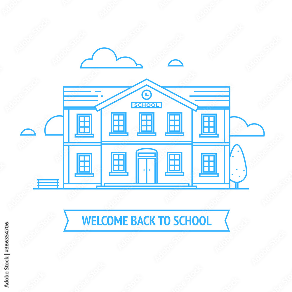 Welcome back to school concept. Vector linear illustration of public school building. Editable stroke
