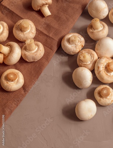 Fresh raw mushrooms of white color, small size lie on the table