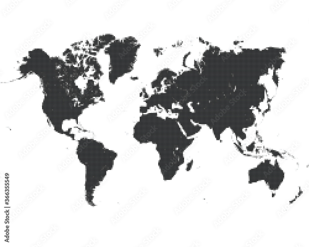 Fototapeta Pixel dotted world map on white background, halftone design