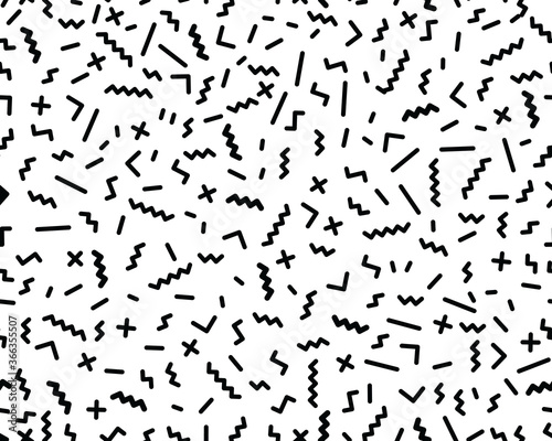 Pattern of different confetti lines, memphis style, seamless background 