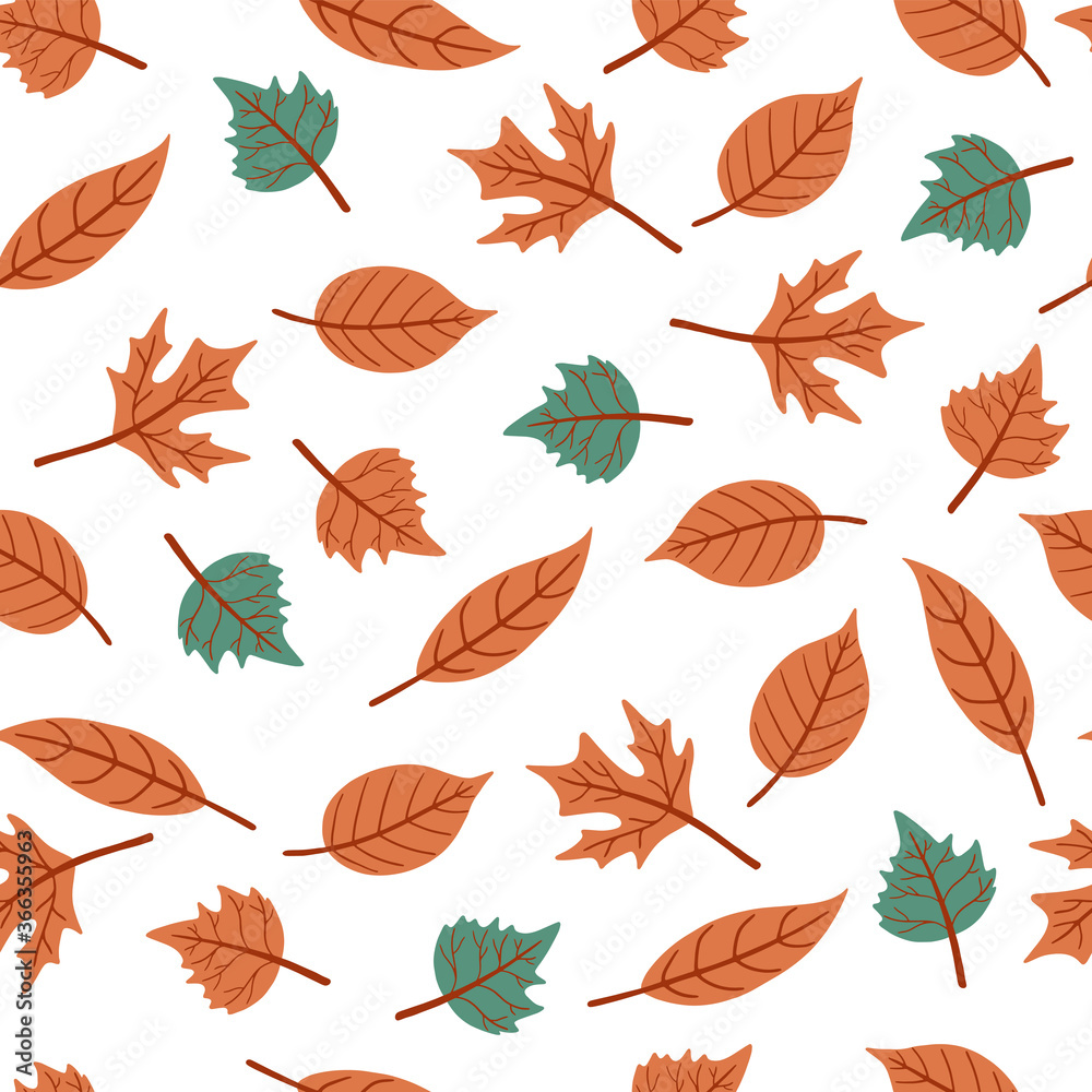 Seamless pattern with autumn leaves on a white background. 
