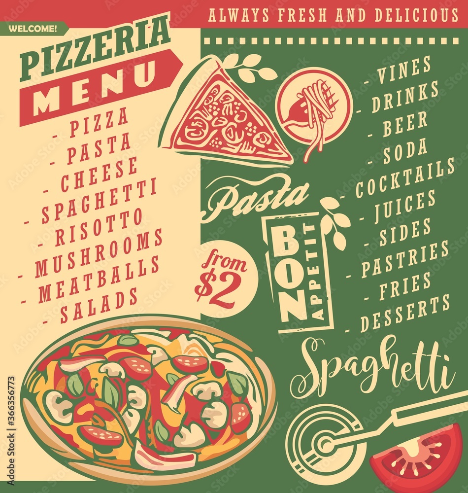 Pizza menu document template for Italian restaurant. Pizzeria menu ...