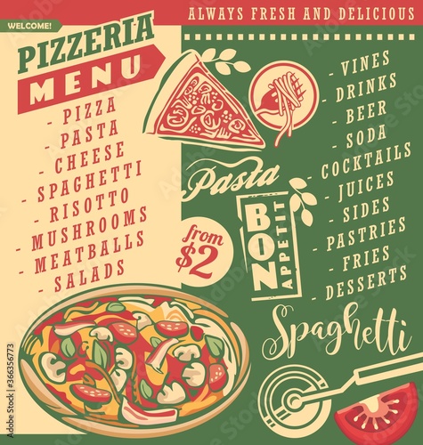 Pizza menu document template for Italian restaurant. Pizzeria menu layout with delicious pizza spaghetti and pasta.