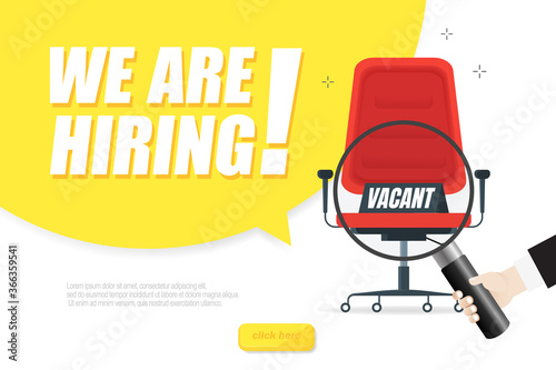 We are hiring, banner concept, vacant position. Empty office chair as a sign of free vacancy isolated on a white background. Send us your resume. Vector illustration.
