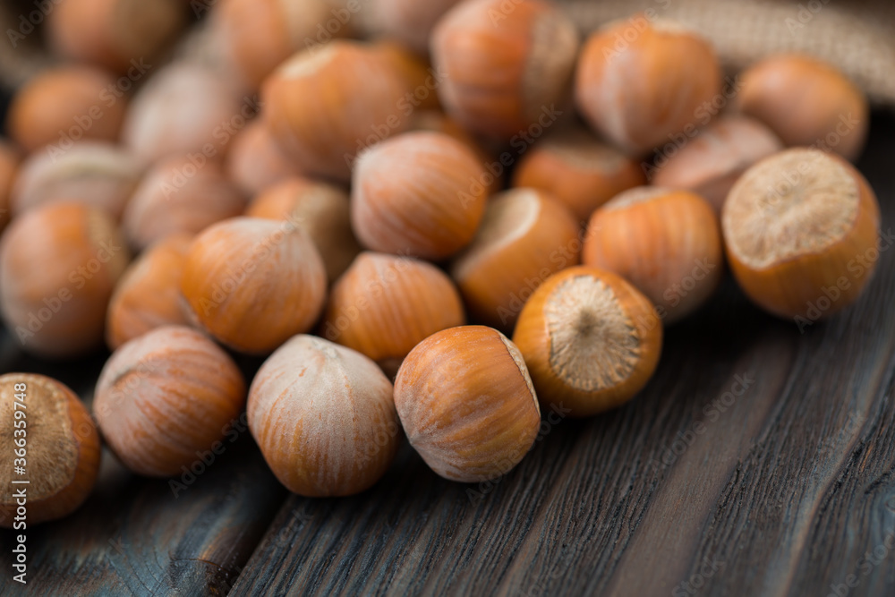 Hazelnuts on a wooden dark background close-up. Hazelnuts on a wooden dark background close-up.