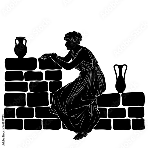 A young ancient Greek woman sits on a stone parapet with two jugs of wine.