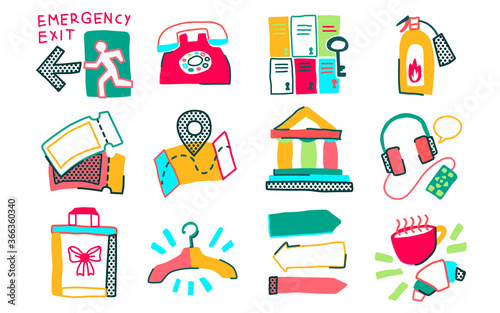 Museum icon doodle naive set of isolated exhibit items and essential elements illustration