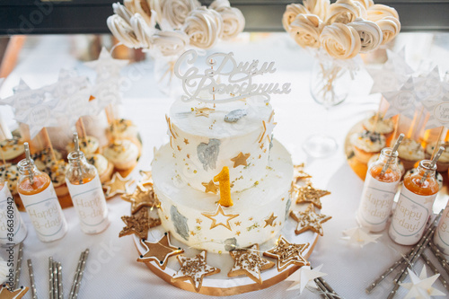 Candy bar. Table with sweets, candies, dessert. Birthday cake