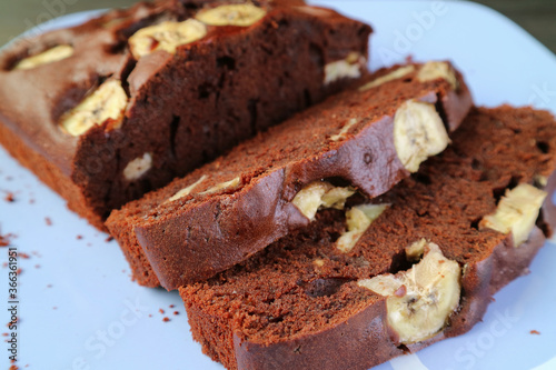 Closeup Slices of Mouthwatering Fresh Baked Homemade Wholemeal Chocolate Banana Cake