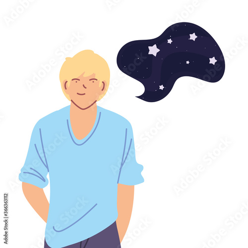 blond hair man cartoon with night bubble vector design