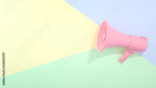3d render of realistic isolated pink megaphone on pastel coloured background. Advertisement idea. Conceptual illustration with copy space. 3D render.
