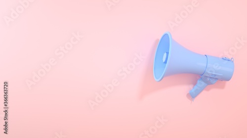 3d render of realistic isolated blue megaphone on pastel pink background. Advertisement idea. Conceptual illustration with copy space. 3D render.