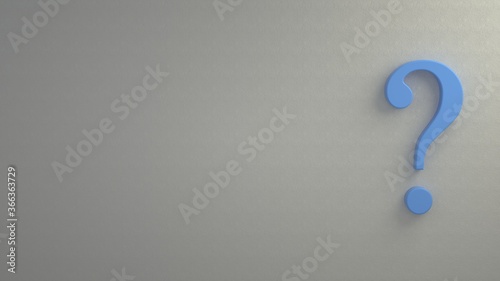 3d rendering of a isolated blue question mark standing on a white wall background. Concept image. Blank background for copy space.