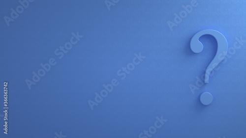 3d rendering of a isolated blue question mark standing on a blue wall background. Concept image. Blank background for copy space