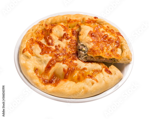 Khachapuri with meat and cilantro. Isolated image on white background.