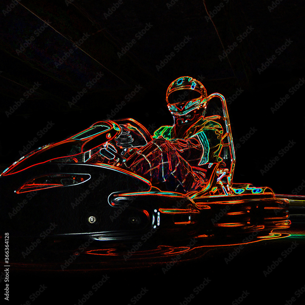 Kart racing neon light picture. Man in karting vehicle on track. - obrazy, fototapety, plakaty 