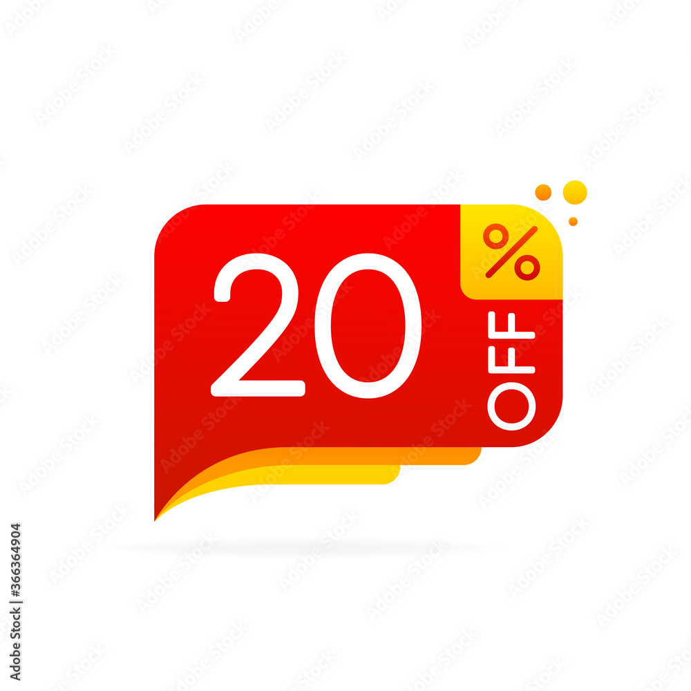 20 percent off discount nameplate on a white background in flat design. Business, shop, producte sale. Vector.