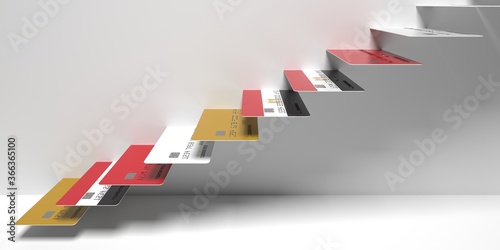 National flag of Egypt on credit cards as stairs of a staircase. Financial upward trend conceptual 3D rendering