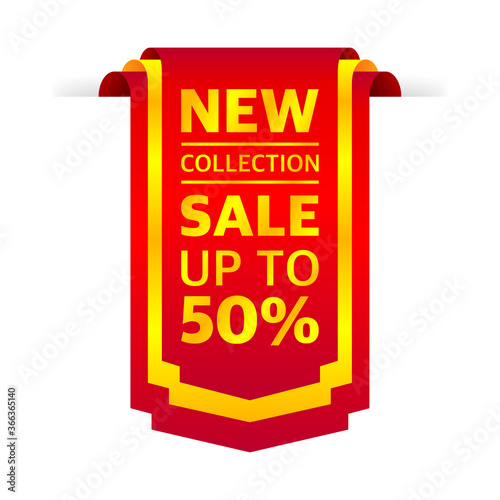 Tag NEW COLLECTION UP TO 50% OFF SALE. Ribbon sale label banner isolated. Gold color. Vector illustration.
