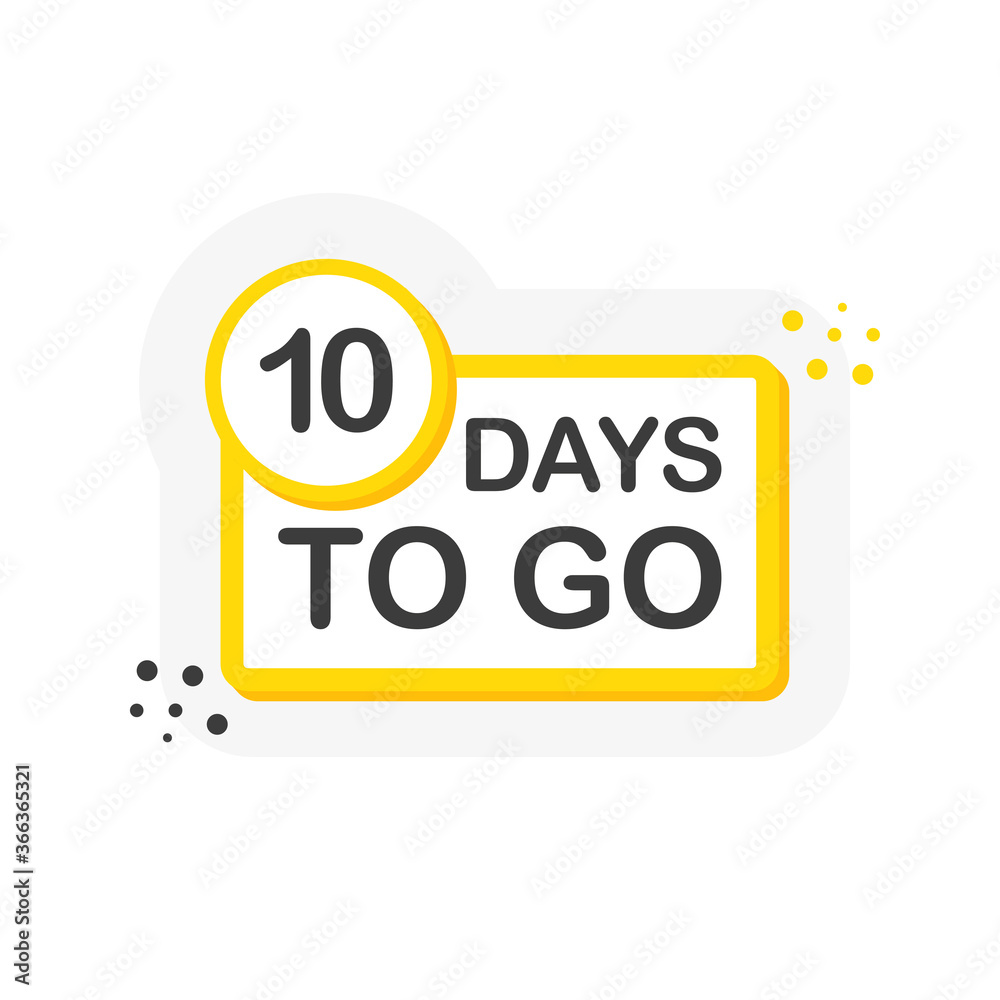Yellow number ten days to go countdown template on white background. Flat design. Vector