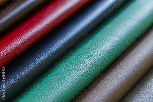 Colorful leather samples as background, close up