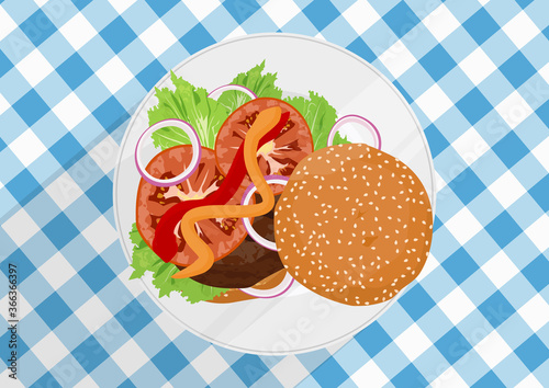 Burger with lettuce, onion and tomatoes on a plate. Top down view. Flat vector.