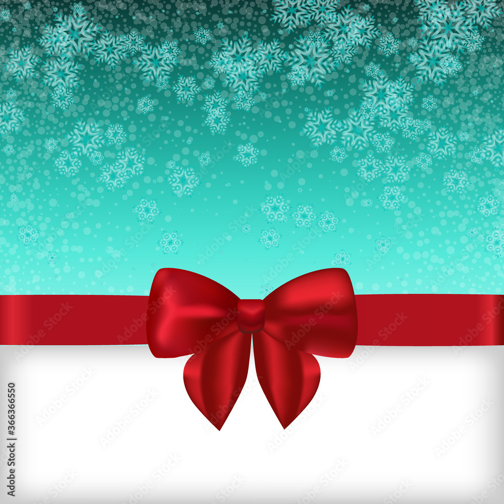 Christmas and New Year. Vector greeting card with red bow and snowflaces Christmas and New Year. Vector greeting card with red bow and snowflaces