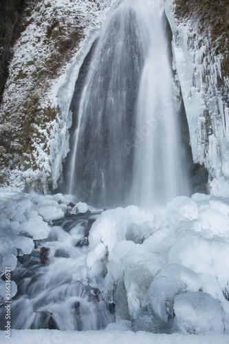 Wahkeena falls following an ice storm in the Columbia River Gorge, east of Portland, Oregon
