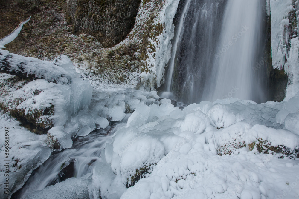 Wahkeena falls following an ice storm in the Columbia River Gorge, east of Portland, Oregon