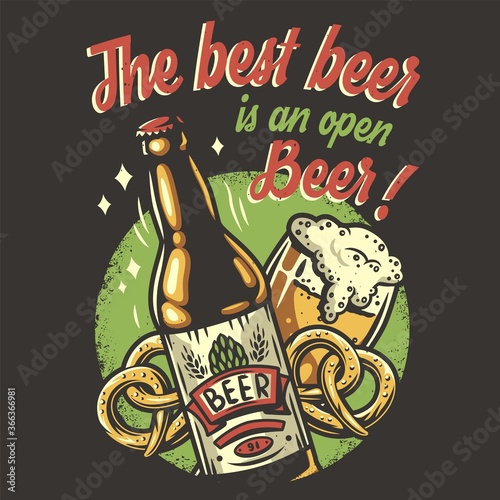 T-shirt print with beer mug, pretzel and bottle
