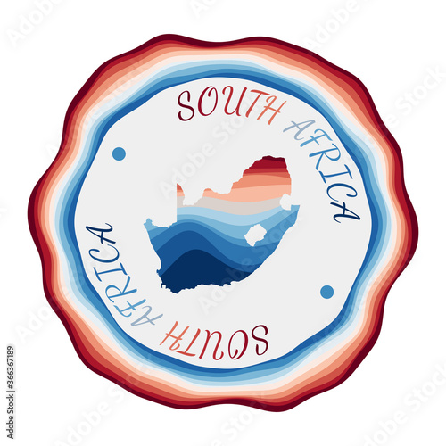 South Africa badge. Map of the country with beautiful geometric waves and vibrant red and blue frame. Vivid round South Africa logo. Vector illustration.