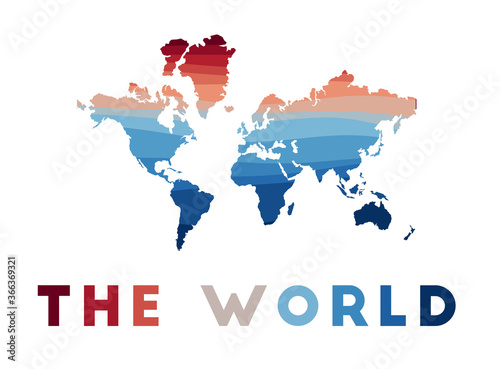 The World map. Map of the world with beautiful geometric waves in red blue colors. Vivid The World shape. Vector illustration.