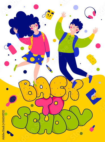 Children back to school, flat vector illustration. Postcard, knowledge day.