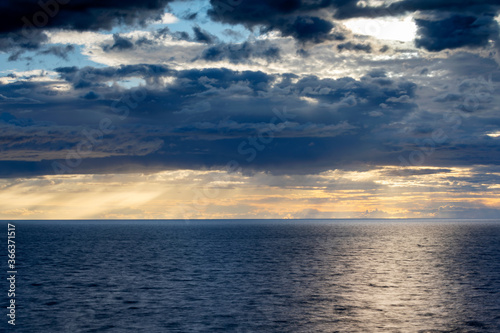 Dark grey storm clouds over ocean