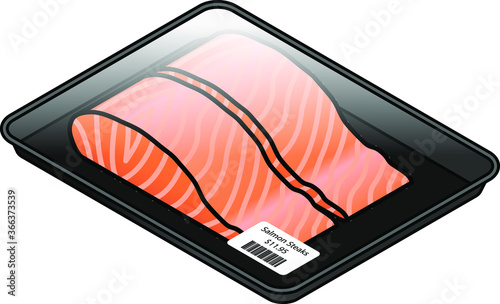 A cellophane-wrapped tray containing salmon steaks.