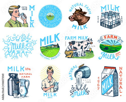 Milk set. Cow and woman farmer, milkmaid and jug, blot and bottles, packaging and meadow, man holds a glass. Vintage logo for shop. Badge for t-shirts. Hand Drawn engrave sketch. Vector illustration.