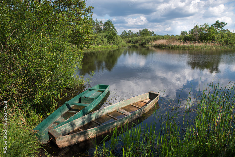 A fishing wooden boat by the river among green trees and bushes.